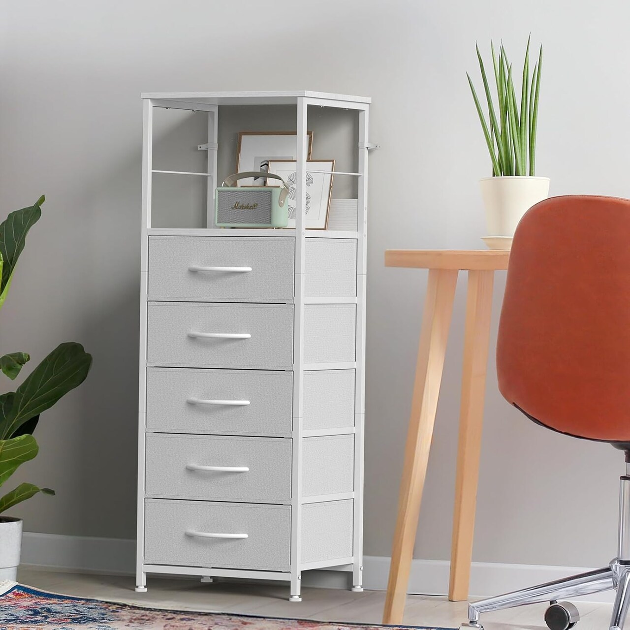 5-Drawer White Fabric Dresser – Sturdy Metal Frame & MDF Top, Tall Clothes Organizer with Adjustable Feet, Space-Saving Storage for Bedroom, Nursery, Entryway